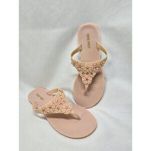 Nine West Pink Flower Embellished Thong Sandals Slip On Flip Flops Size 6 Womens